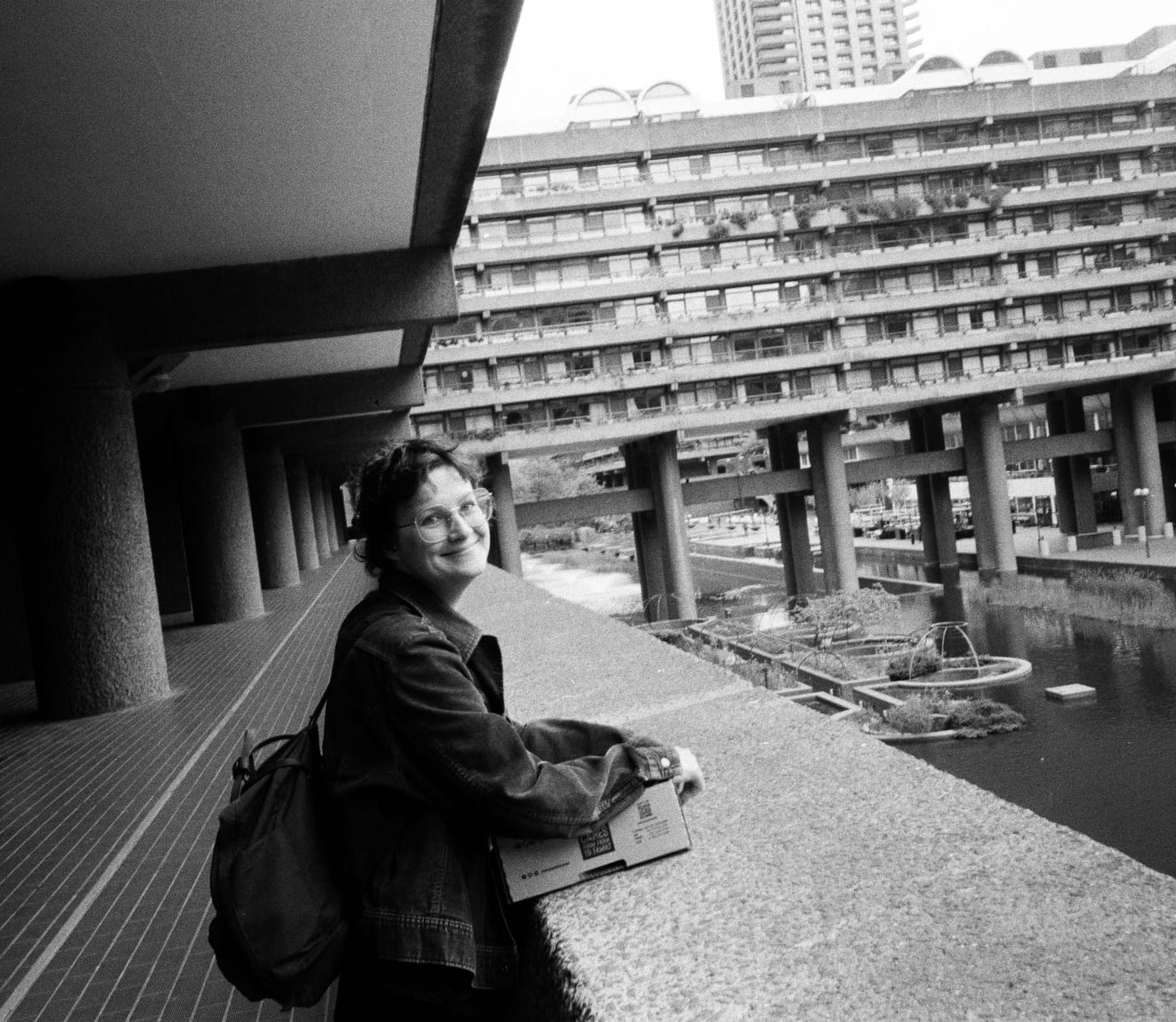 Black and white portrait of Catherine Dixon in the Barbican