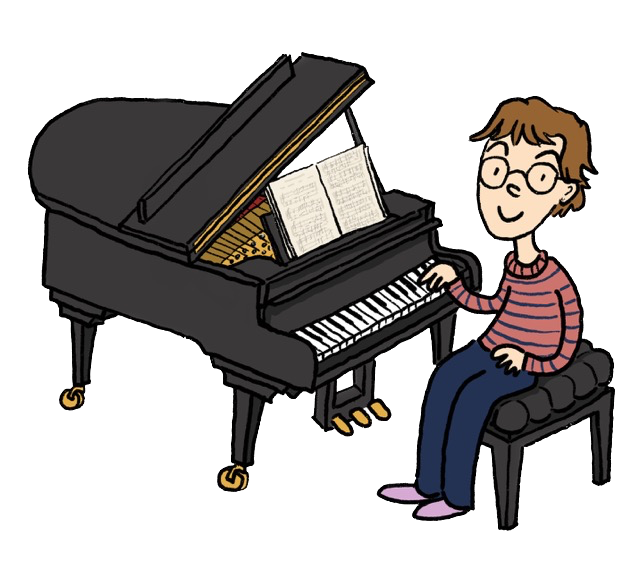 Cartoon illustration of Catherine teaching the piano